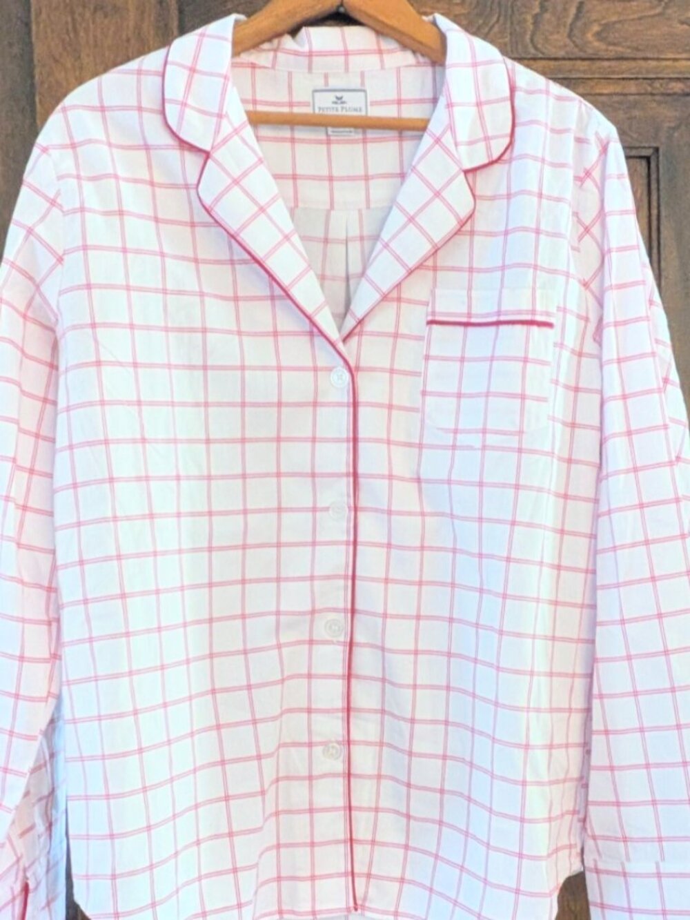 Petite Plume Garnet Tattersall Pajama Top White Red Plaid Shirt Cotton Women M